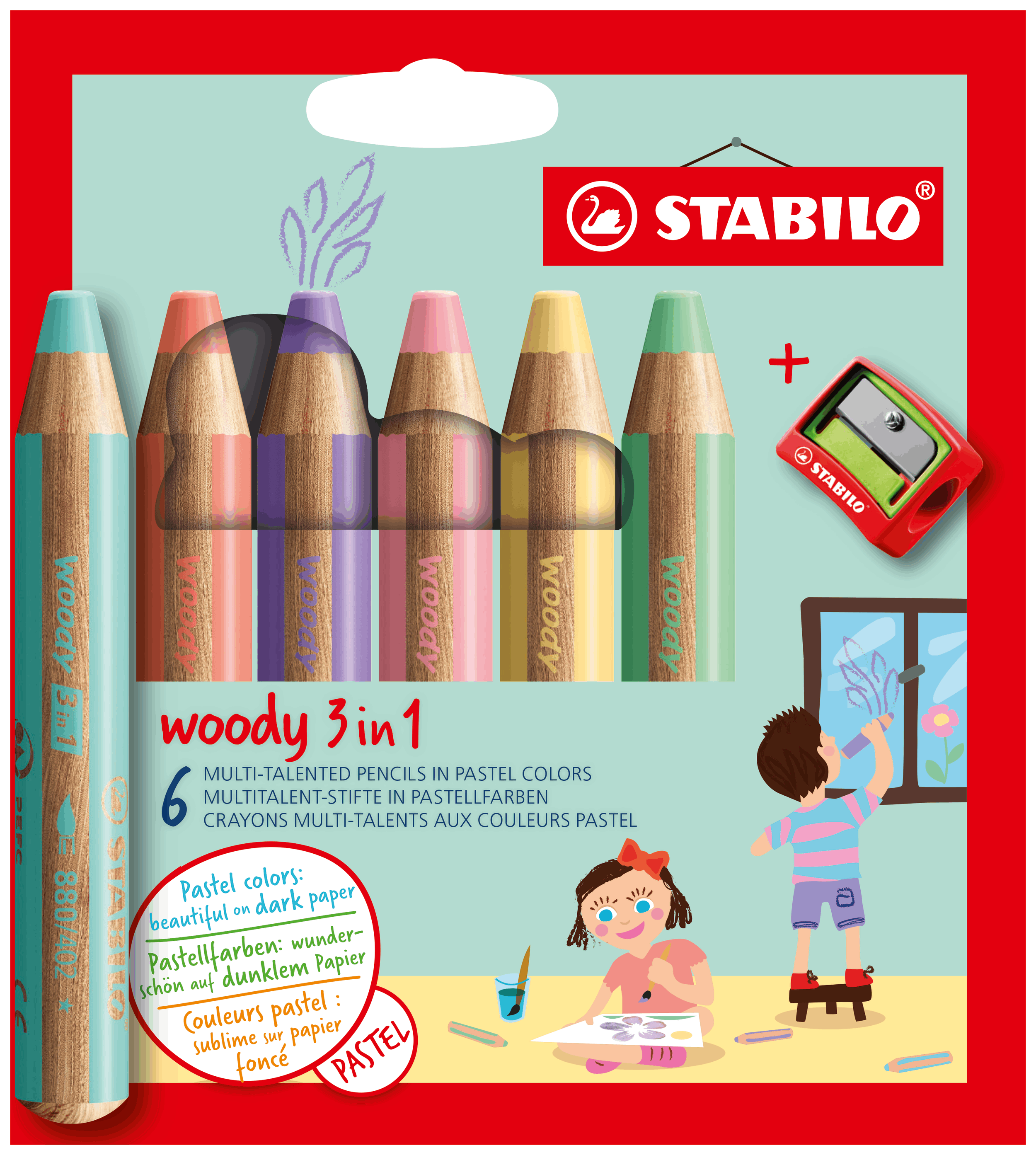 Étui de 6 crayons STABILO Woody 3 en 1 PASTEL + aiguisoir